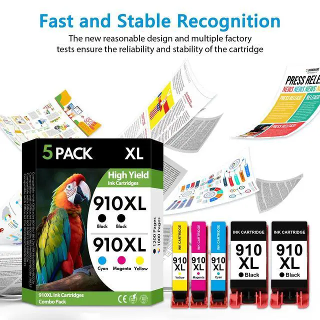 Alt view image 7 of 7 - 910XL Ink Cartridges 5 Pack High Yield Replacement for HP 910 XL, Black Cyan Magenta Yellow, Compatible with HP OfficeJet Pro 8010 8010e 8012e 8015 8020 8025e 8028e Printers