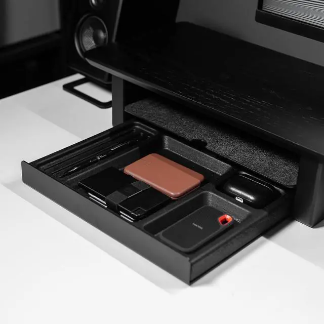 Alt view image 2 of 7 - Desk Shelf Tray Drawer Organizer with Compartments for Monitor Stand System Metal & Cork Accessory Tray for Cockpit Setup | Black