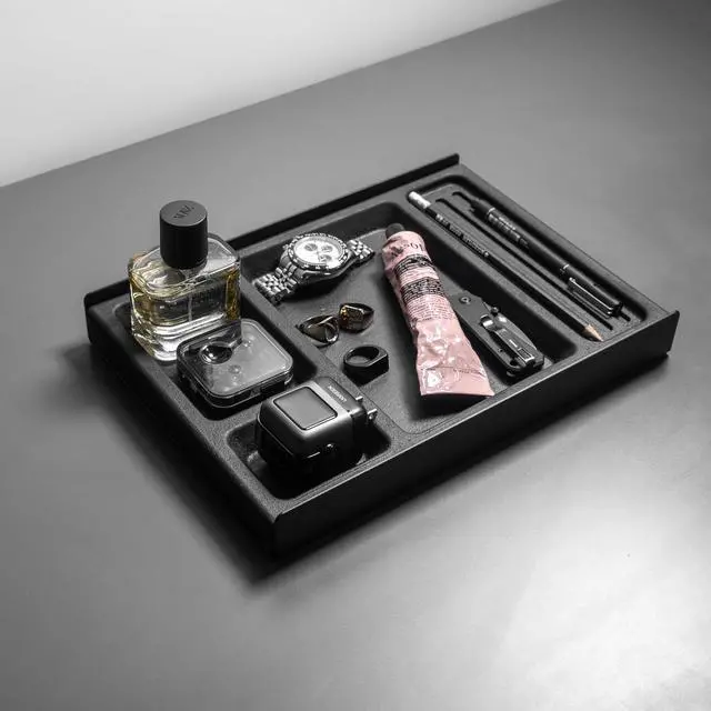 Alt view image 4 of 7 - Desk Shelf Tray Drawer Organizer with Compartments for Monitor Stand System Metal & Cork Accessory Tray for Cockpit Setup | Black