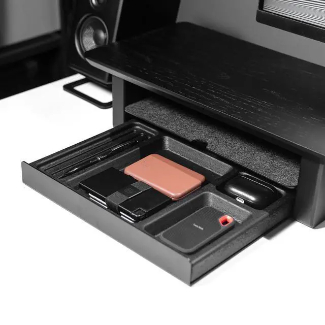 Alt view image 5 of 7 - Desk Shelf Tray Drawer Organizer with Compartments for Monitor Stand System Metal & Cork Accessory Tray for Cockpit Setup | Black