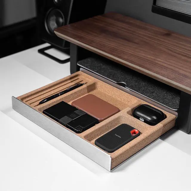 Alt view image 3 of 7 - Desk Tray Organiser Drawer with Compartments Cork & Aluminium Catchall Valet Pen Tray for Cockpit Setup Desktop Storage Stationery Organizer (Light)