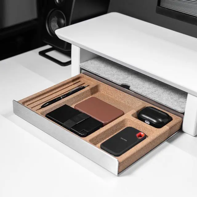 Alt view image 2 of 7 - Desk Tray Organiser Drawer with Compartments Cork & Aluminium Catchall Valet Pen Tray for Cockpit Setup Desktop Storage Stationery Organizer (Light)