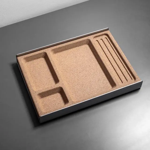 Alt view image 4 of 7 - Desk Tray Organiser Drawer with Compartments Cork & Aluminium Catchall Valet Pen Tray for Cockpit Setup Desktop Storage Stationery Organizer (Light)