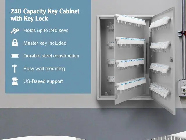 Alt view image 6 of 7 - 240 Position Key Cabinet with Numbered Hooks Wall Mount Steel Key Organizer Safe with Index Log, White Key Tags & Lockable Door for Office or Business - Key box wall mount - key locker