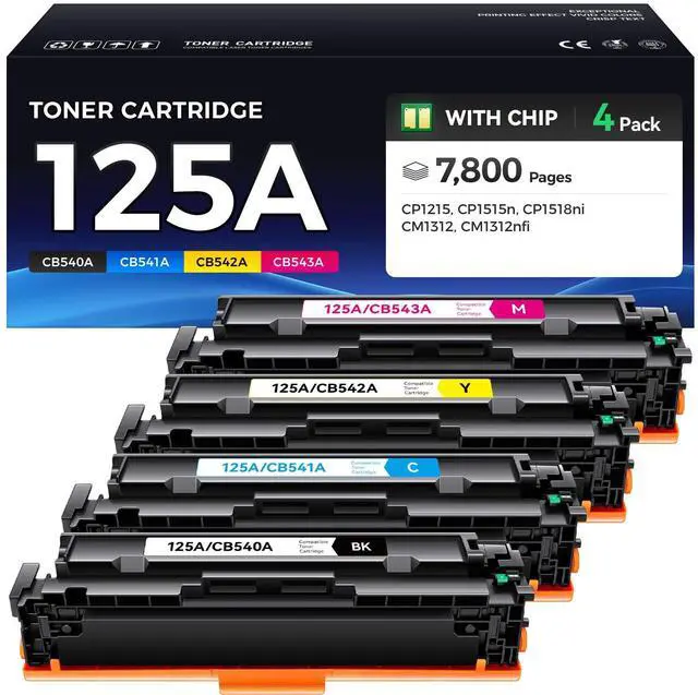 Main image of 125A Toner Cartridge Set 4-Pack High Yield Replacement for HP 125A Toner Compatible with HP Color LaserJet CP1215 CP1515n CP1518ni MFP CM1312 CM1312nfi CP1515 CP1518 Printer Black Cyan Magenta Yellow