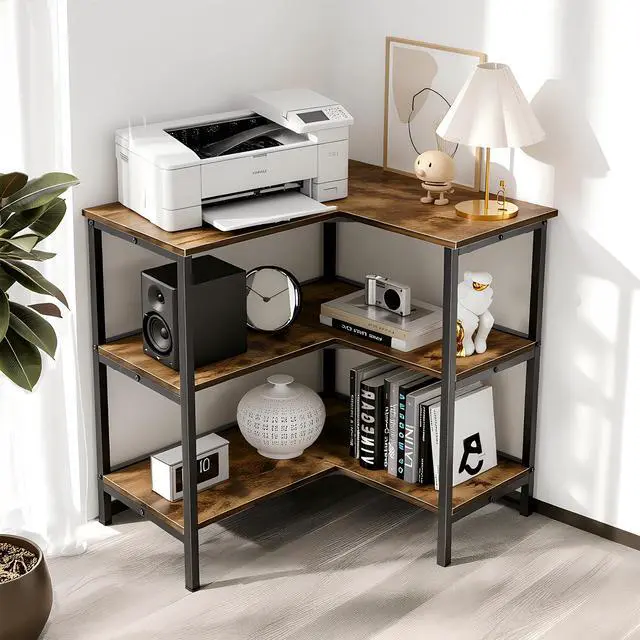 Alt view image 3 of 7 - Corner Printer Stand Table with 3 Tier Open Shelf, Multipurpose Display Organizer Storage Stand for Small Space Home Office Living Room, Brown