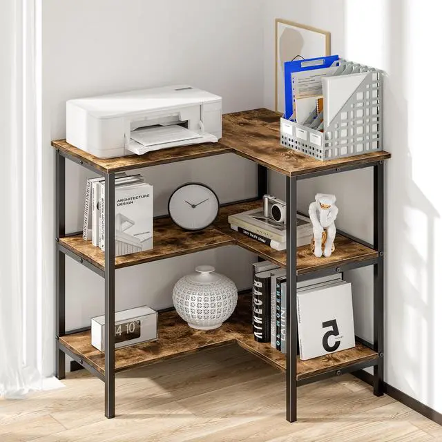 Alt view image 6 of 7 - Corner Printer Stand Table with 3 Tier Open Shelf, Multipurpose Display Organizer Storage Stand for Small Space Home Office Living Room, Brown