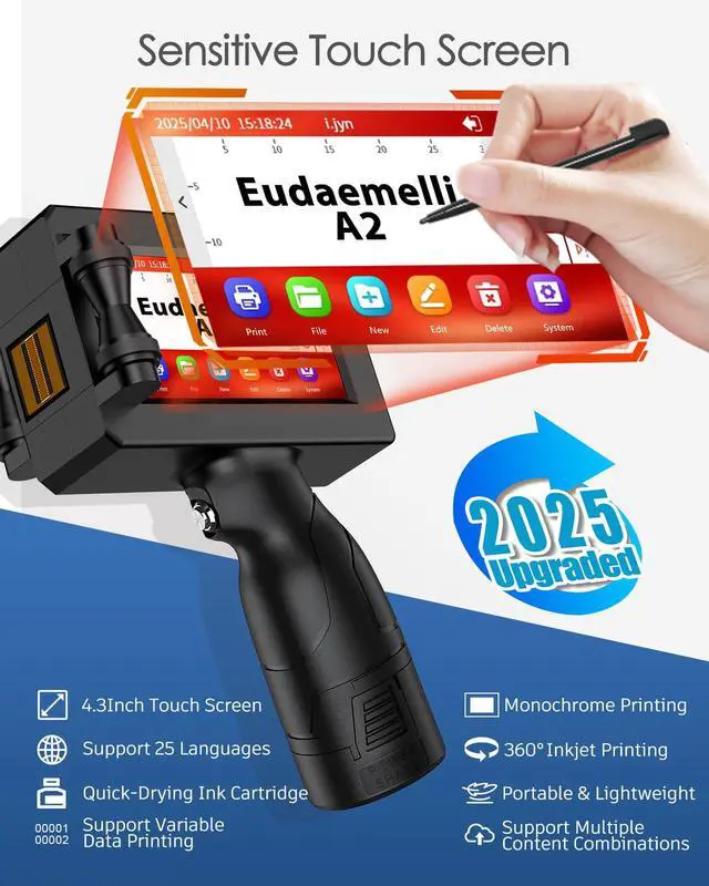Alt view image 2 of 5 - 1" Handheld Inkjet Printer Gun,A2 Portable Ink Batch Coder with 42ml Fast-Drying Ink,4.3" Touch Screen Hand Held Printers for QR Code,Barcode,Batch Number,Text,Date Printer (Printing Height: 2-25.4mm)