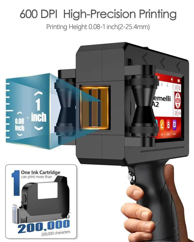 Alt view image 3 of 5 - 1" Handheld Inkjet Printer Gun,A2 Portable Ink Batch Coder with 42ml Fast-Drying Ink,4.3" Touch Screen Hand Held Printers for QR Code,Barcode,Batch Number,Text,Date Printer (Printing Height: 2-25.4mm)