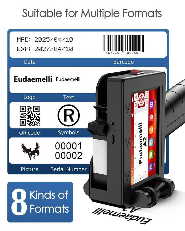 Alt view image 4 of 5 - 1" Handheld Inkjet Printer Gun,A2 Portable Ink Batch Coder with 42ml Fast-Drying Ink,4.3" Touch Screen Hand Held Printers for QR Code,Barcode,Batch Number,Text,Date Printer (Printing Height: 2-25.4mm)