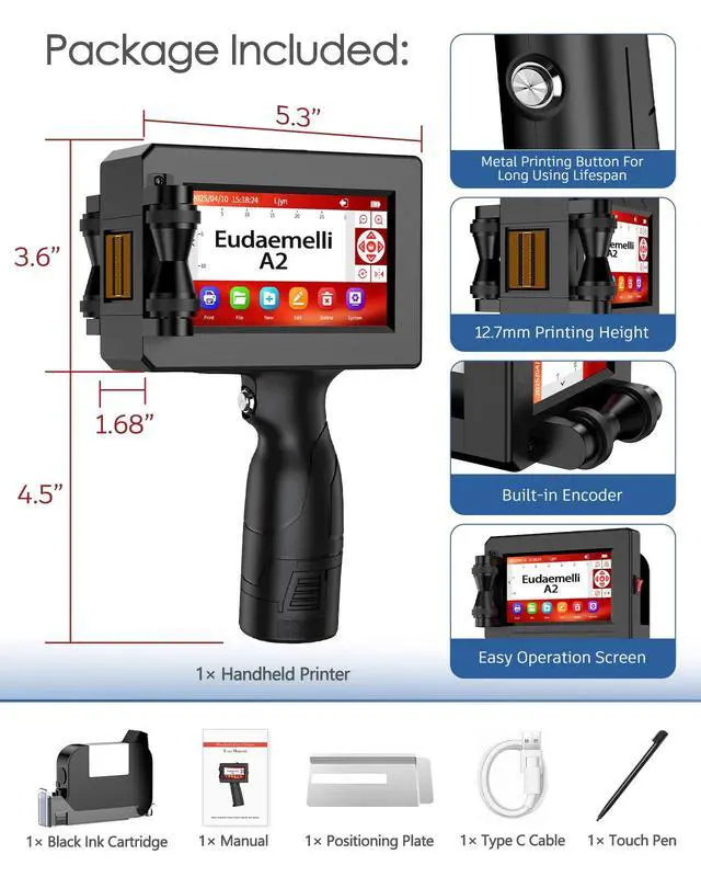 Alt view image 5 of 5 - 1" Handheld Inkjet Printer Gun,A2 Portable Ink Batch Coder with 42ml Fast-Drying Ink,4.3" Touch Screen Hand Held Printers for QR Code,Barcode,Batch Number,Text,Date Printer (Printing Height: 2-25.4mm)