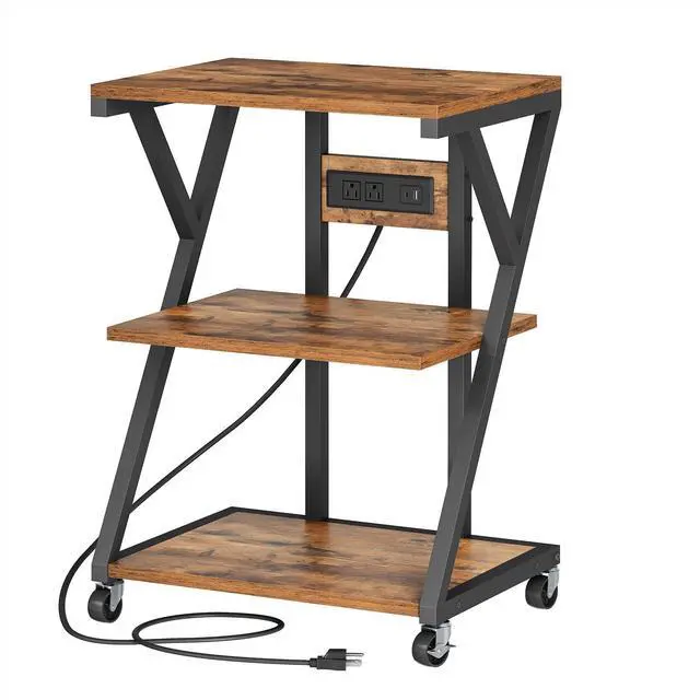 Main image of 3-Tier Printer Stand, Mobile Printer Table, Rolling Cart with Charging Station, Home Printer Stand, for Living Room, Kitchen, Office, Rustic Brown and Black BF33UPS01