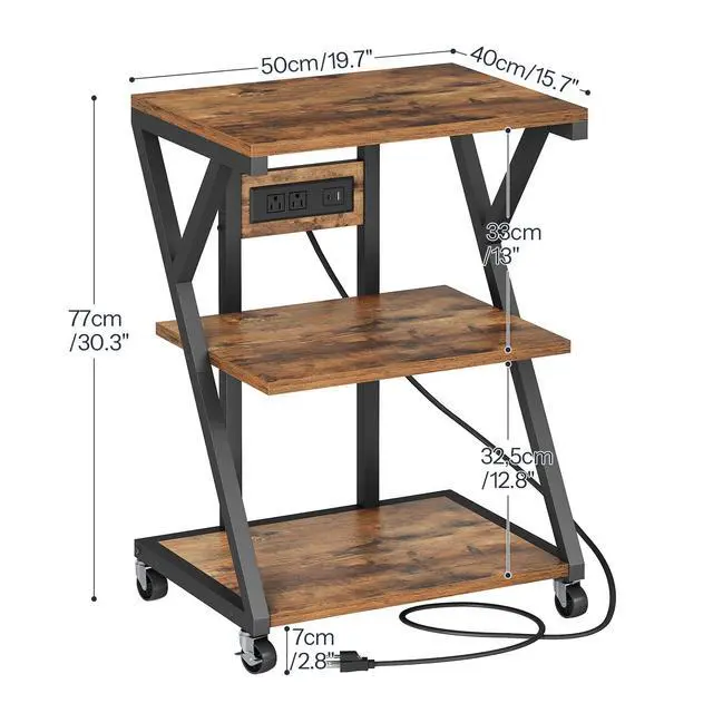 Alt view image 2 of 7 - 3-Tier Printer Stand, Mobile Printer Table, Rolling Cart with Charging Station, Home Printer Stand, for Living Room, Kitchen, Office, Rustic Brown and Black BF33UPS01