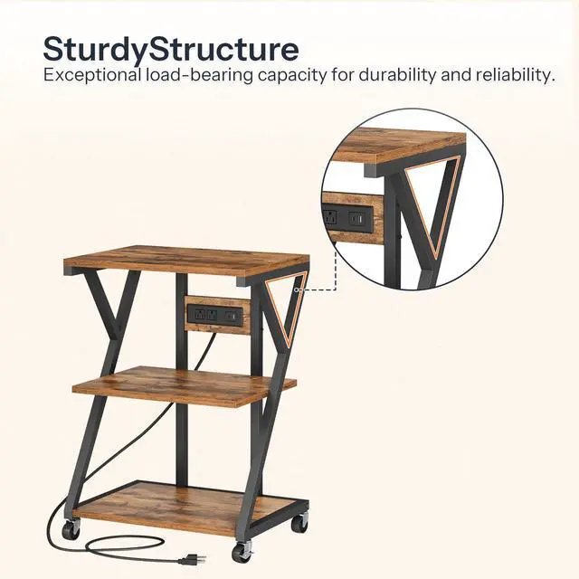 Alt view image 5 of 7 - 3-Tier Printer Stand, Mobile Printer Table, Rolling Cart with Charging Station, Home Printer Stand, for Living Room, Kitchen, Office, Rustic Brown and Black BF33UPS01