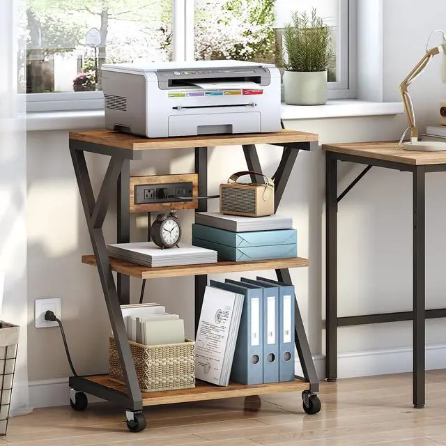 Alt view image 6 of 7 - 3-Tier Printer Stand, Mobile Printer Table, Rolling Cart with Charging Station, Home Printer Stand, for Living Room, Kitchen, Office, Rustic Brown and Black BF33UPS01