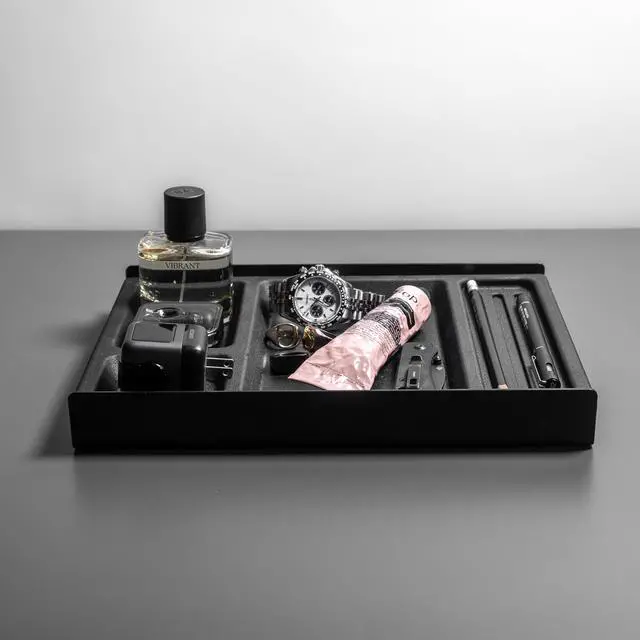 Alt view image 7 of 7 - Desk Shelf Tray Drawer Organizer with Compartments for Monitor Stand System Metal & Cork Accessory Tray for Cockpit Setup | Black