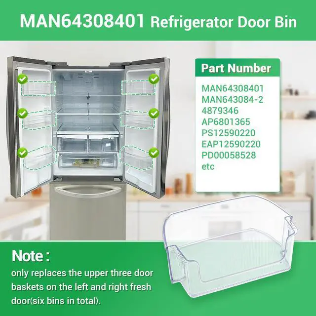 Alt view image 3 of 6 - MAN64308401 Door Shelf Bin (Clear) Compatible with Refrigerator: LFCS22520D, LFCS22520S, LFDS22520S, LFCS22520B, LFCS22520W etc. AP6801365 Door Basket replace 4879346, PS12590220, EAP12590220 etc