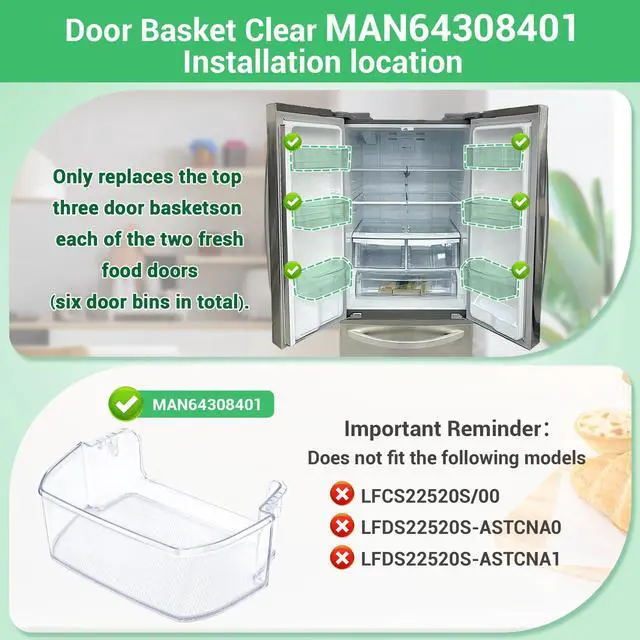 Alt view image 5 of 6 - MAN64308401 Door Shelf Bin (Clear) Compatible with Refrigerator: LFCS22520D, LFCS22520S, LFDS22520S, LFCS22520B, LFCS22520W etc. AP6801365 Door Basket replace 4879346, PS12590220, EAP12590220 etc