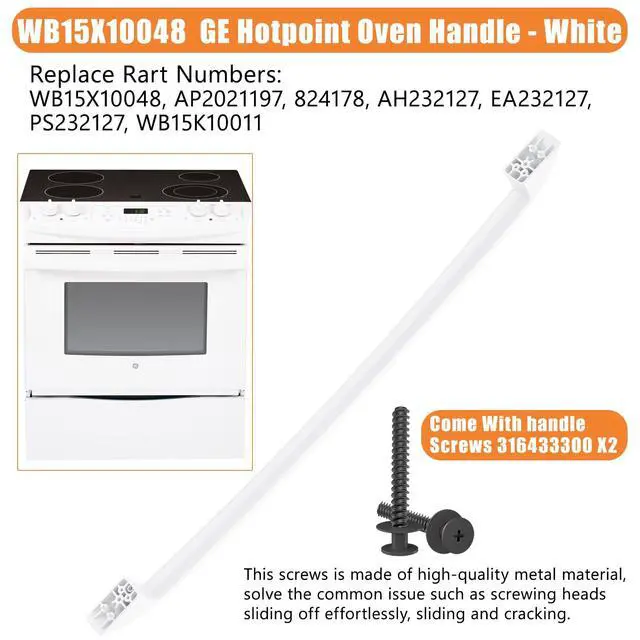 Alt view image 2 of 7 - Upgraded WB15X10048 Oven Handle Compatible with GE Hotpoint Oven Handle Replacement White General Electric Range Stove Parts AP2021197 JGBP30WEA1WW JBP24WB4WW Parts with Screws