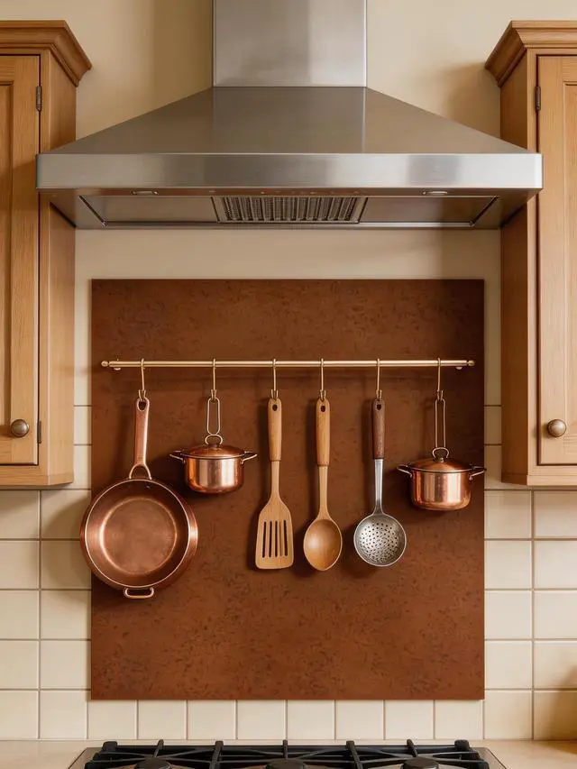 Alt view image 2 of 6 - 29.5x35.5 Aged Copper Finish 304 Stainless Steel Range Hood Backsplash with Solid Brass Rail & S Hooks,Stove Backsplash,Vintage Style,Kitchen Wall Splash Guard