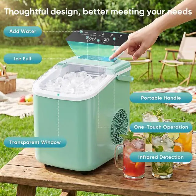 Alt view image 2 of 7 - Ice Makers Countertop Ice Machine with Portable Handle Compact Size | 9 Bullet Cubes in 8 Mins, 26lbs in 24 Hours, Self-Cleaning, with Basket and Scoop, for Home, Kitchen, RV, Camping