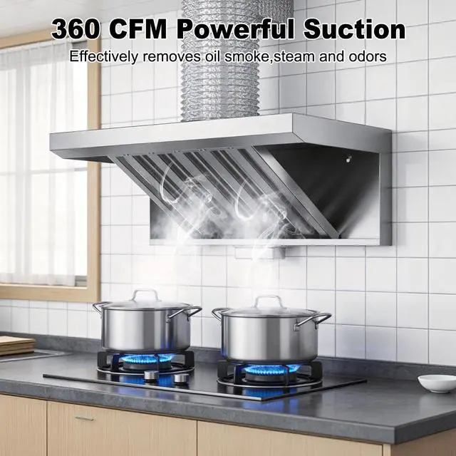 Alt view image 2 of 7 - 24" Wall Mount Range Hood,360 CFM Stainless Steel Ducted Stove Vent Hood | 2-Speed Control Switch,Stove Hood for Compact Kitchen,Apartments,Dorm Room,CE Certified