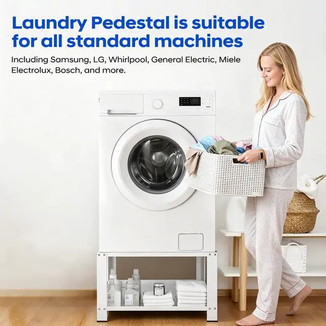 Alt view image 6 of 7 - Washer Dryer Pedestal Set of 2 With Storage Shelf, 28.3 x 28.3 x 14 in, 800 lb Capacity Heavy Duty Carbon Steel Laundry Pedestals, White