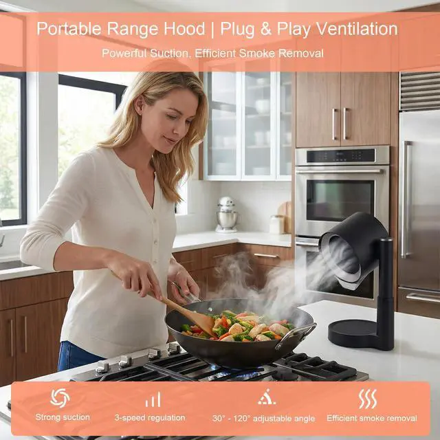 Alt view image 2 of 7 - Portable Range Hood 2026 Upgrade, 3 Speed Low Noise Desktop Exhaust Fan, Detachable Aluminum Grease Filter & Oil Cup, Telescoping Compact Ductless Vent for Indoor Outdoor BBQ Hot Pot RV Cooking