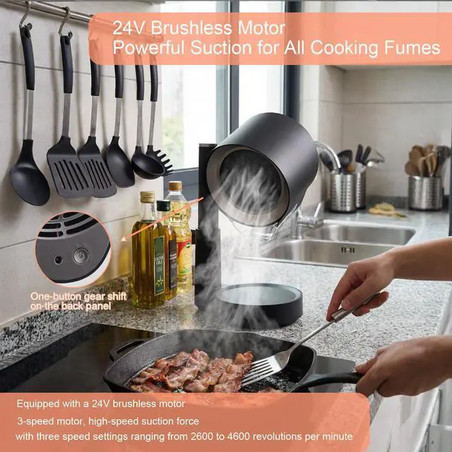 Alt view image 3 of 7 - Portable Range Hood 2026 Upgrade, 3 Speed Low Noise Desktop Exhaust Fan, Detachable Aluminum Grease Filter & Oil Cup, Telescoping Compact Ductless Vent for Indoor Outdoor BBQ Hot Pot RV Cooking