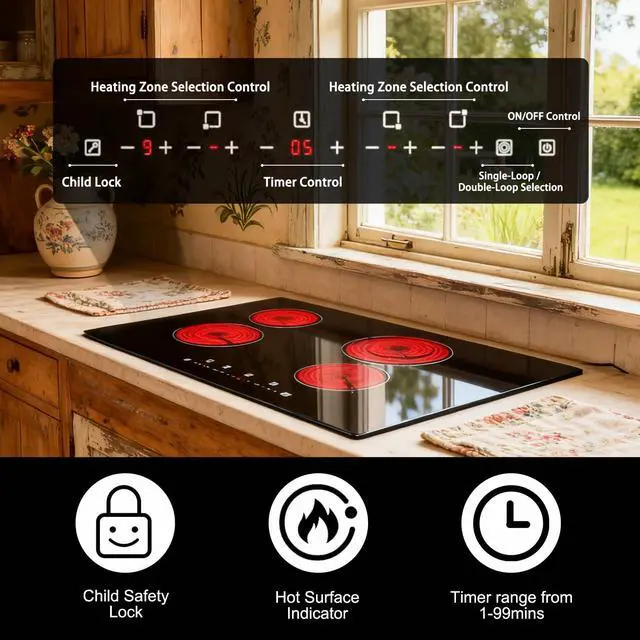 Alt view image 3 of 6 - Electric Cooktop 30 Inch, 4 Burners Built-in Electric Stove Top | 9 power levels, 6700W, Touch control, 99-min timer,child safety lock,hot surface indicator,easy clean ceramic glass