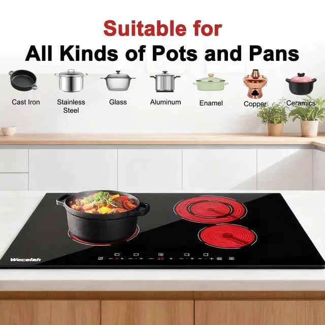 Alt view image 4 of 6 - Electric Cooktop 30 Inch, 4 Burners Built-in Electric Stove Top | 9 power levels, 6700W, Touch control, 99-min timer,child safety lock,hot surface indicator,easy clean ceramic glass
