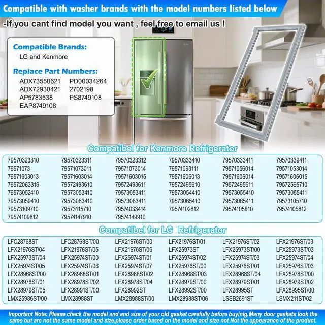 Alt view image 4 of 7 - Upgraded 39.35"x16.93" ADX73550621 Refrigerator Door Gasket Left Side Compatible with Kenmore and LG Refrigerator Door Seal Replaces ADX72930421 2702198 AP5783538 PS8749108 EAP8749108 Gray
