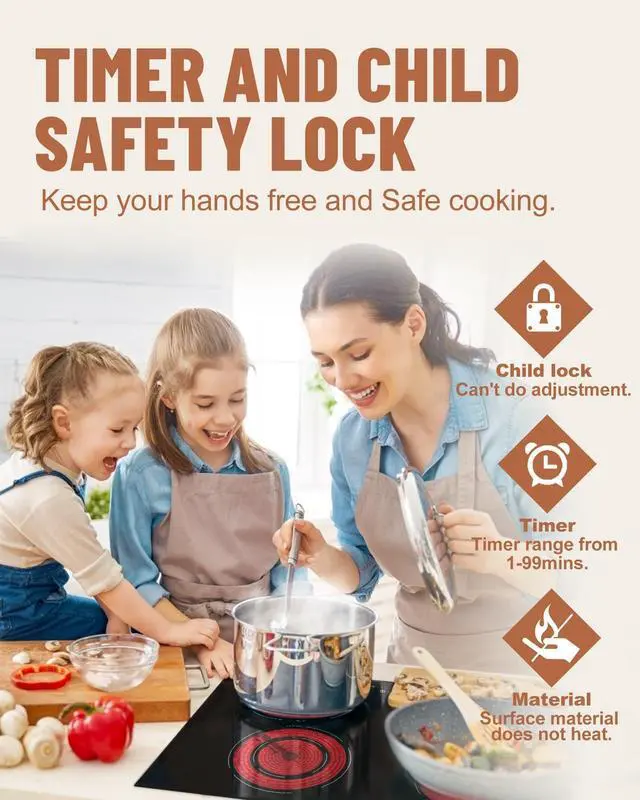 Alt view image 6 of 6 - Electric Cooktop 30 Inch, 4 Burners Built-in Electric Stove Top | 9 power levels, 6700W, Touch control, 99-min timer,child safety lock,hot surface indicator,easy clean ceramic glass