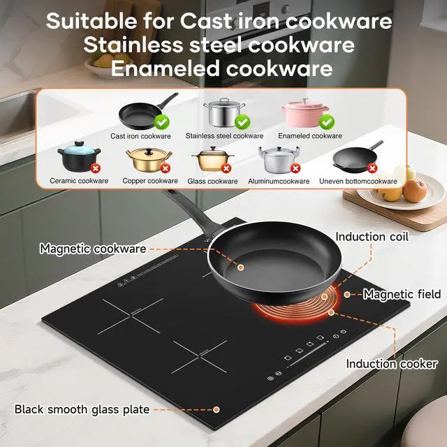 Alt view image 3 of 7 - 24 Inch Built-in Induction Cooktop, 4 Burner 6600W Electric Cooktop, Touch Control, Timer & Child Lock, Easy-Clean Black Glass