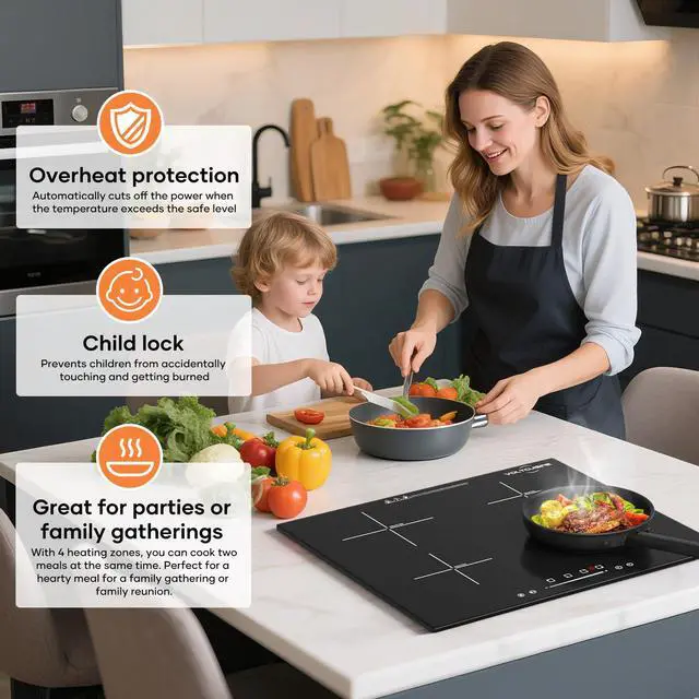 Alt view image 5 of 7 - 24 Inch Built-in Induction Cooktop, 4 Burner 6600W Electric Cooktop, Touch Control, Timer & Child Lock, Easy-Clean Black Glass