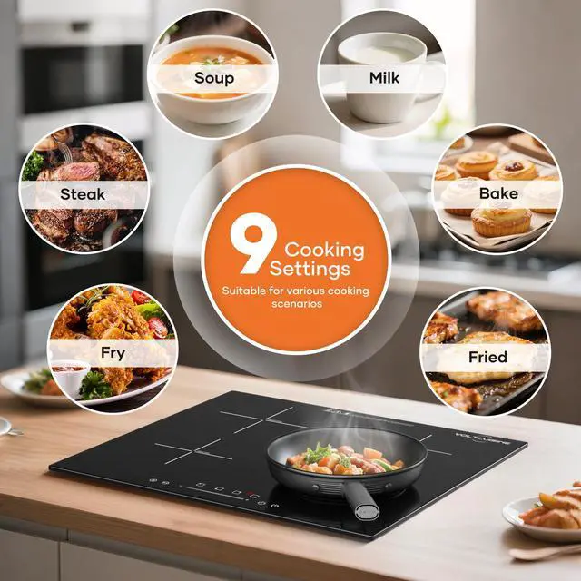 Alt view image 4 of 7 - 24 Inch Built-in Induction Cooktop, 4 Burner 6600W Electric Cooktop, Touch Control, Timer & Child Lock, Easy-Clean Black Glass