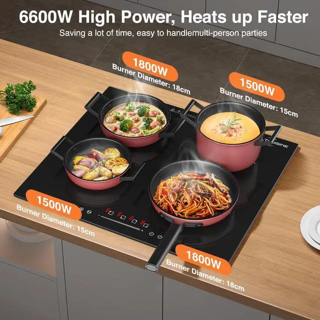 Alt view image 2 of 7 - 24 Inch Built-in Induction Cooktop, 4 Burner 6600W Electric Cooktop, Touch Control, Timer & Child Lock, Easy-Clean Black Glass