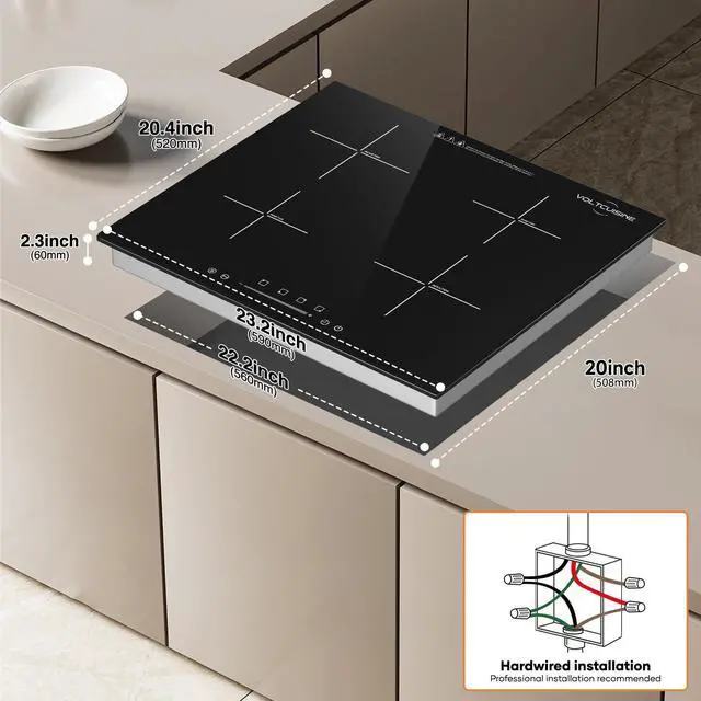 Alt view image 7 of 7 - 24 Inch Built-in Induction Cooktop, 4 Burner 6600W Electric Cooktop, Touch Control, Timer & Child Lock, Easy-Clean Black Glass