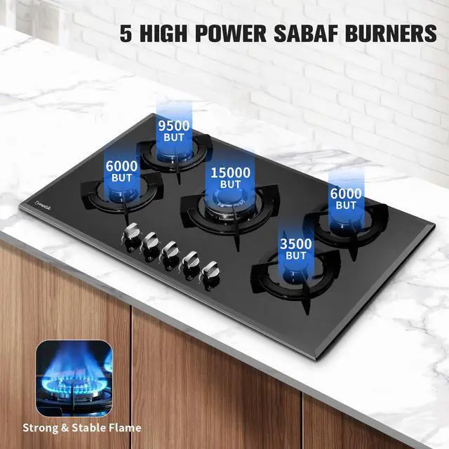 Alt view image 2 of 7 - 36 Inch Gas Cooktop, Built-in Tempered Glass Stovetop 5 High Efficiency Burners Stove Top Propane/Natural Gas Convertible Hob (Black)