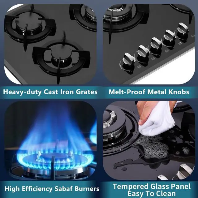 Alt view image 3 of 7 - 36 Inch Gas Cooktop, Built-in Tempered Glass Stovetop 5 High Efficiency Burners Stove Top Propane/Natural Gas Convertible Hob (Black)