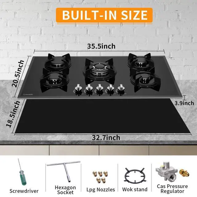 Alt view image 4 of 7 - 36 Inch Gas Cooktop, Built-in Tempered Glass Stovetop 5 High Efficiency Burners Stove Top Propane/Natural Gas Convertible Hob (Black)