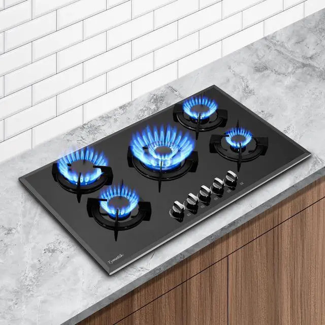 Alt view image 5 of 7 - 36 Inch Gas Cooktop, Built-in Tempered Glass Stovetop 5 High Efficiency Burners Stove Top Propane/Natural Gas Convertible Hob (Black)