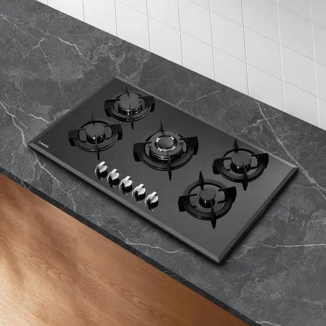 Alt view image 7 of 7 - 36 Inch Gas Cooktop, Built-in Tempered Glass Stovetop 5 High Efficiency Burners Stove Top Propane/Natural Gas Convertible Hob (Black)