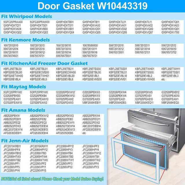 Alt view image 4 of 7 - Upgraded W10443319 Freezer Door Gasket Compatible with Whirlpool Refrigerator Door Gasket WRF535SMBM00 WRF535SMHZ00 KRFC302ESS00 Door Gasket Seal W10571960 KitchenAid Refrigerator Freezer Door Seal