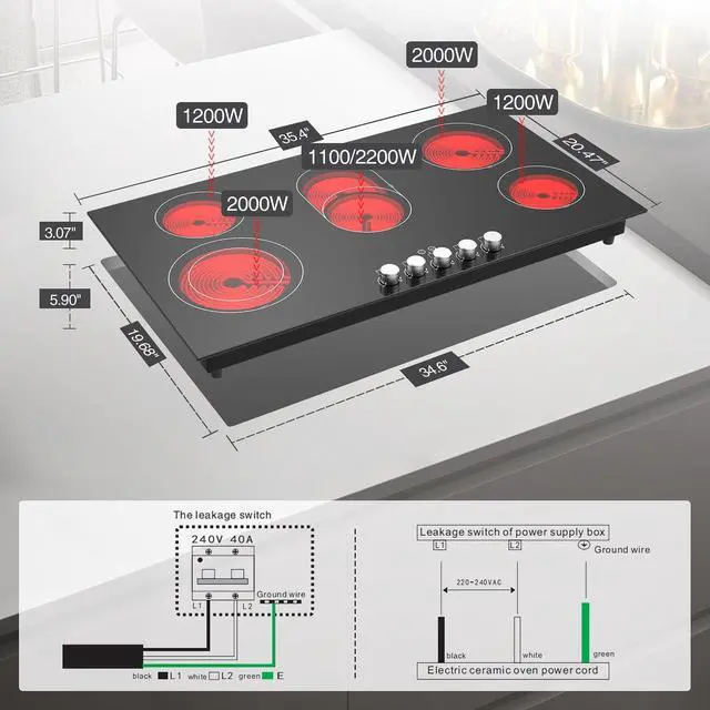 Alt view image 6 of 7 - Electric cooktop 36 inch,240V 8600W 36 inch Induction Cooktop,Built-in and Countertop Electric Stove Top,Knob Control 9 Heating Level Timer & Kid Safety Lock