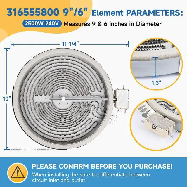 Alt view image 6 of 7 - Improve 316555800 W10823692 Dual Radiant Surface Element 9 in/6 in AP4556791 Fit For Frigidaire For Kenmore For Whirlpool Stove Dual Haliant Surface Replace DG47-00022A 316418401 316418400 WPW10275049