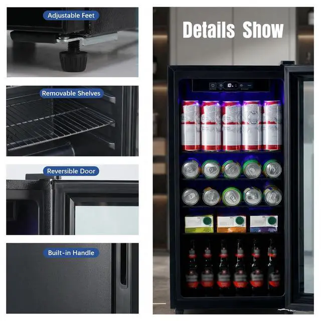 Alt view image 7 of 7 - 160 Can Beverage Refrigerator, Wine Cooler with 7 Adjustable Thermostat | Freestanding Drink Dispenser with Adjustable Shelves, Suitable for Home/Office, Black