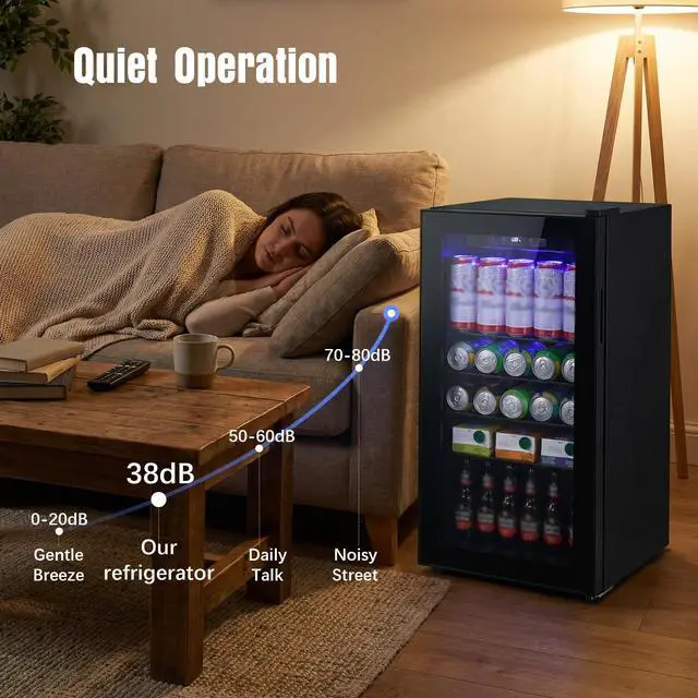 Alt view image 6 of 7 - 160 Can Beverage Refrigerator, Wine Cooler with 7 Adjustable Thermostat | Freestanding Drink Dispenser with Adjustable Shelves, Suitable for Home/Office, Black