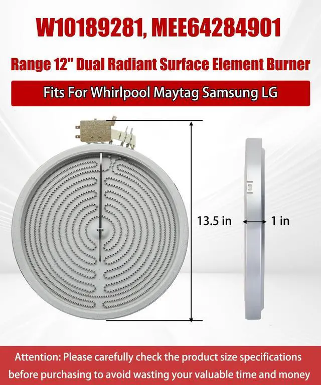 Alt view image 2 of 5 - W10189281 12" Range Oven Dual Radiant Surface Element Heater | Fits For Whirlpool Maytag Samsung LG,1900W 9"/3000W12 Stove Burner Replaces MEE64284901,DG47-00056A,DG47-00064A,MEE64286401