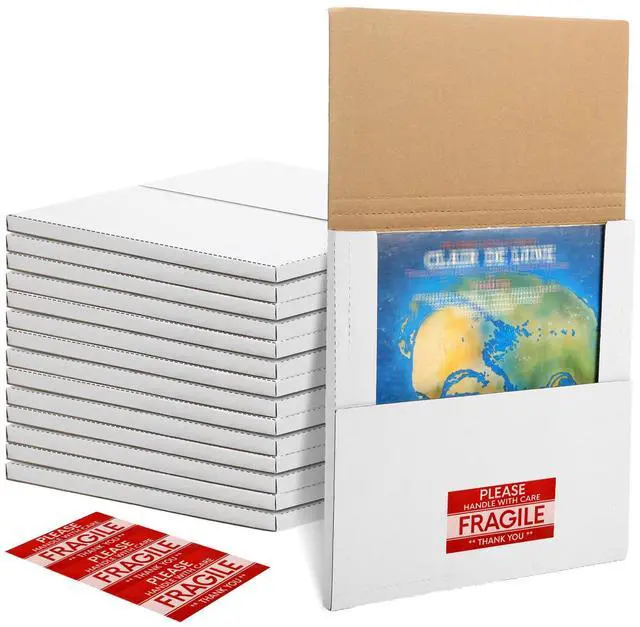 Main image of 100 Pack Vinyl Record Mailers 12.5" x 12.5" x 1" White Vinyl Record Shipping Boxes Cardboard Lp Mailing Box Adjustable Height Album Mailer with Fragile Stickers for Small Business Package